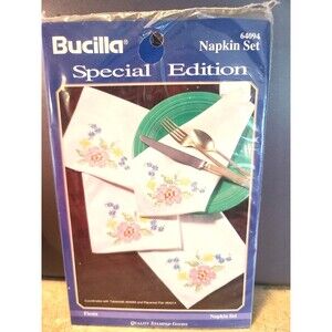 Vintage Fiesta  Stamped Napkin Set Of 4 by Bucilla #64094 Floral Cross Stitch